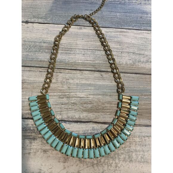 Teal Aqua  Bars gold Tone Necklace 18" Chain‎ Collar - Picture 1 of 10